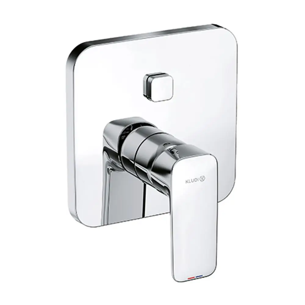 Kludi Bedienpaneel für Dusche oder Bad mit verchromter Oberfläche. Einheit mit Hebel zur Regelung der Wassertemperatur und -menge. Eingerahmt von quadratischem Hintergrund.